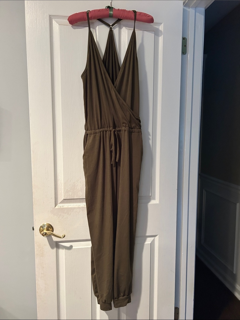 Sleeveless Olive Green Wrap-Front Jumpsuit with Drawstring Waist